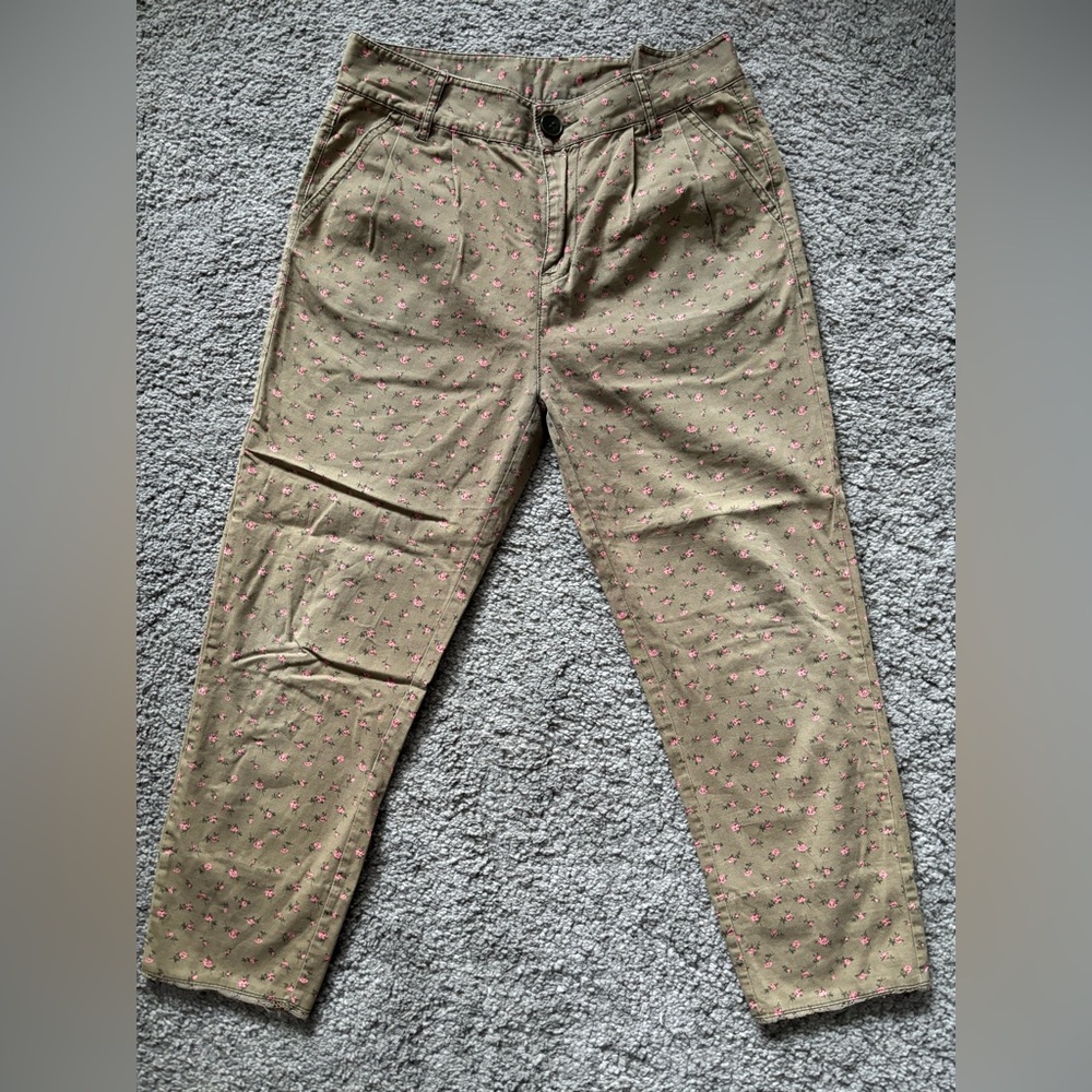 Olive Green Cropped Chinos with Pink Micro-Print